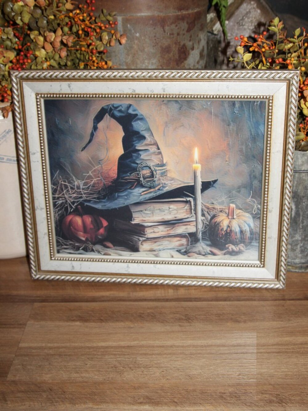 Dark Moody Witch's Hat Pumpkins Academia Still Life Halloween Wall Decor Picture